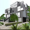 Modern Duplex Villa Exterior Design With Balconies Large Windows Greenery And Driveway