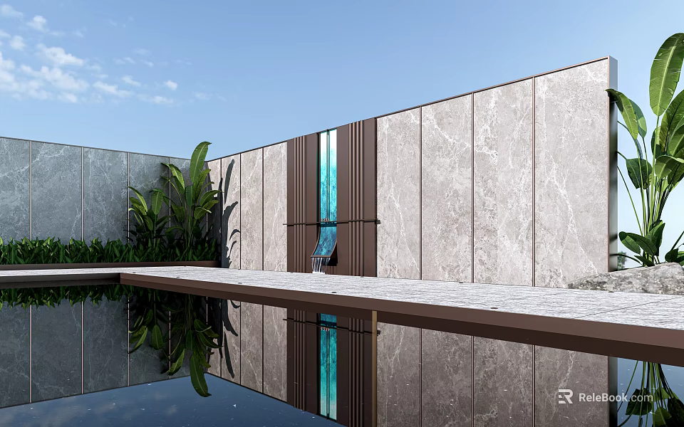 Modern Luxury Background Wall Design With Marble Panels Pool Reflection And Green Plants 3d model 