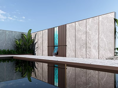 Modern Luxury Background Wall Design With Marble Panels Pool Reflection And Green Plants 3d model