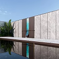 Modern Luxury Background Wall Design With Marble Panels Pool Reflection And Green Plants