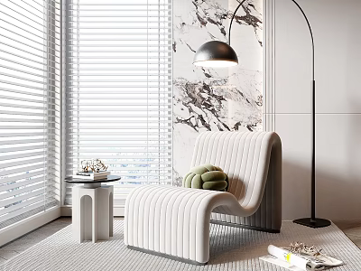 Modern Light Ribbed Single Sofa With Green Cushion Floor Lamp And Marble Wall 3d model
