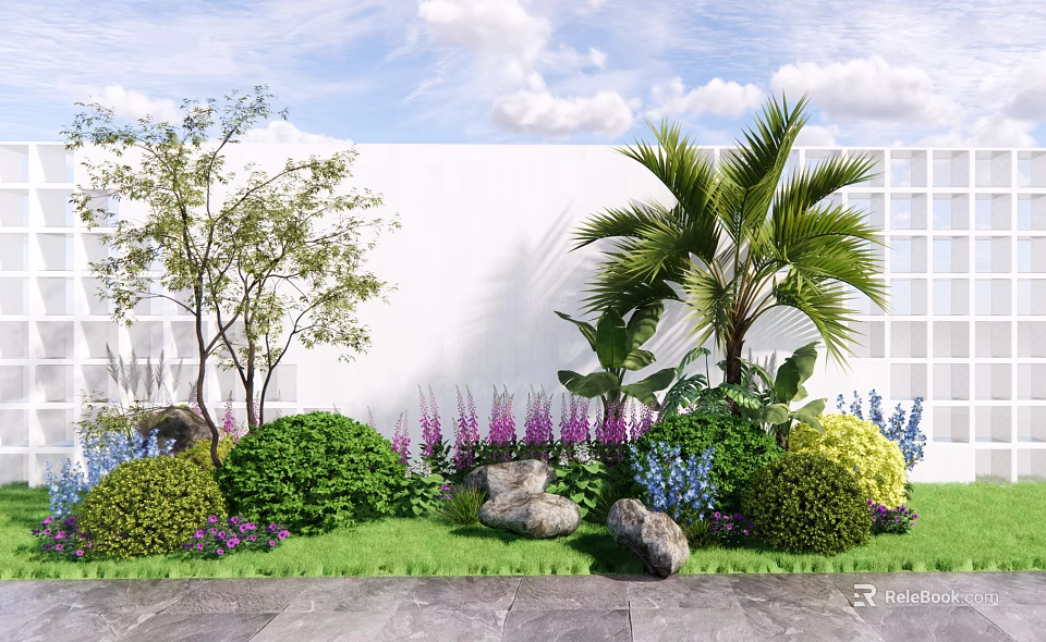 Colorful Outdoor Garden Flowers And Plants With Green Shrubs Blue Blooms And Stones 3d model 