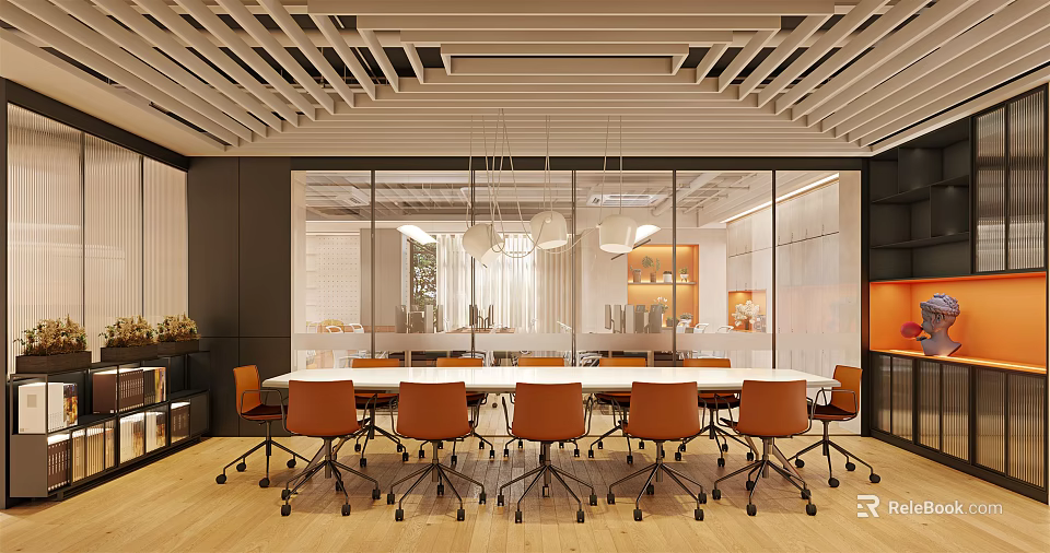 Modern Conference Room Interior With Long Table Orange Chairs And Wooden Slatted Ceiling 3d model 