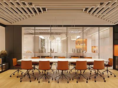 Modern Conference Room Interior With Long Table Orange Chairs And Wooden Slatted Ceiling 3d model