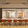 Modern Conference Room Interior With Long Table Orange Chairs And Wooden Slatted Ceiling