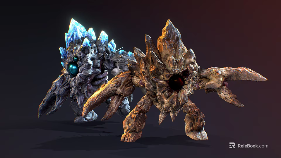 Fantasy Character Battling Rock And Crystal Monsters With Spiked Bodies And Glowing Eyes 3d model 