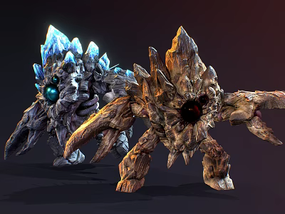 Fantasy Character Battling Rock And Crystal Monsters With Spiked Bodies And Glowing Eyes 3d model