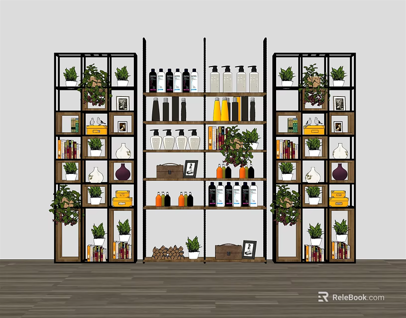 Practical Organizational Storage Shelving Unit With Multi Tier Shelves Potted Plants And Decorative Bottles 3d model 