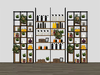 Practical Organizational Storage Shelving Unit With Multi Tier Shelves Potted Plants And Decorative Bottles 3d model