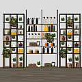 Practical Organizational Storage Shelving Unit With Multi Tier Shelves Potted Plants And Decorative Bottles