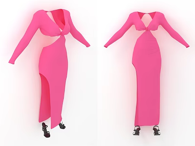 Pink Long Dress With Long Sleeves V Neckline Cutout Waist And Side Slit Design 3d model