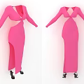 Pink Long Dress With Long Sleeves V Neckline Cutout Waist And Side Slit Design