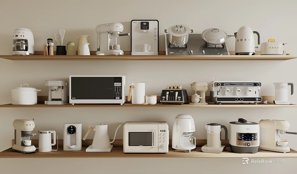 Various Kitchen Appliances Including Coffee Maker Microwave Toaster On Wooden Shelves 3d model 