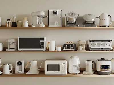 Various Kitchen Appliances Including Coffee Maker Microwave Toaster On Wooden Shelves 3d model