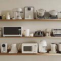 Various Kitchen Appliances Including Coffee Maker Microwave Toaster On Wooden Shelves