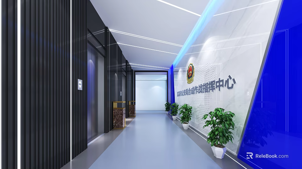 Modern Elevator Corridor Interior With Glass Doors Potted Plants And Wall Panels 3d model 