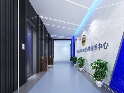 Modern Elevator Corridor Interior With Glass Doors Potted Plants And Wall Panels 3d model