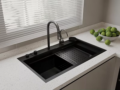 Modern Kitchen Sink Setup With Black Basin Faucet White Countertop Window Blinds And Limes 3d model
