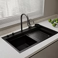 Modern Kitchen Sink Setup With Black Basin Faucet White Countertop Window Blinds And Limes