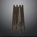 Traditional Handcrafted Wooden Rack With Vertical Slats Four Legged Base And Decorative Rope