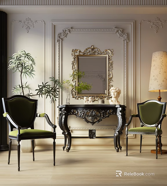 Elegant Green Leisure Chairs With Black Carved Legs By Ornate Wall Mirror Lamp And Plants 3d model 