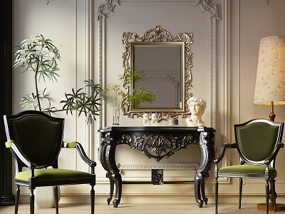 Elegant Green Leisure Chairs With Black Carved Legs By Ornate Wall Mirror Lamp And Plants 3d model