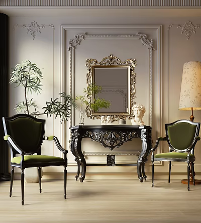 Elegant Green Leisure Chairs With Black Carved Legs By Ornate Wall Mirror Lamp And Plants 3d model