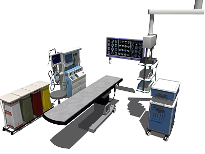 Modern Medical Devices Setup in Operating Room with Surgical Table Monitor and Instrument Cart 3d model