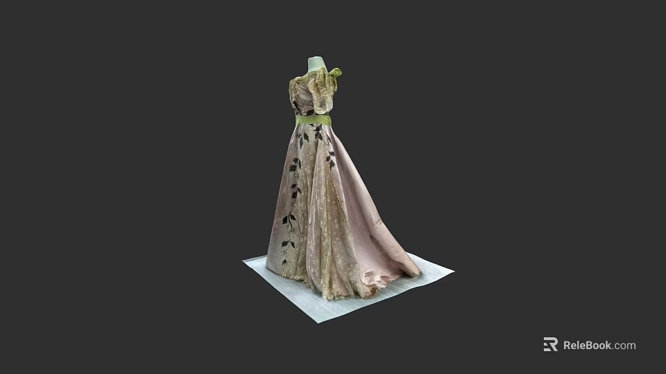 Elegant Pink Green Dress With Flowing Skirt Green Belt And Black Floral Patterns 3d model 