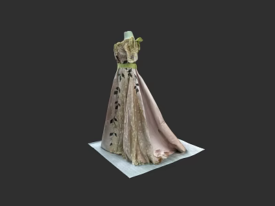 Elegant Pink Green Dress With Flowing Skirt Green Belt And Black Floral Patterns 3d model