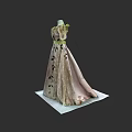 Elegant Pink Green Dress With Flowing Skirt Green Belt And Black Floral Patterns
