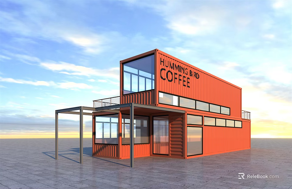 Red Container Converted Detached Villa With Coffee Shop Balcony And Large Windows 3d model 