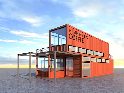 Red Container Converted Detached Villa With Coffee Shop Balcony And Large Windows 3d model