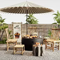 Rustic Outdoor Table with Wooden Chairs Umbrella Tea Set and Bamboo Fence in Garden