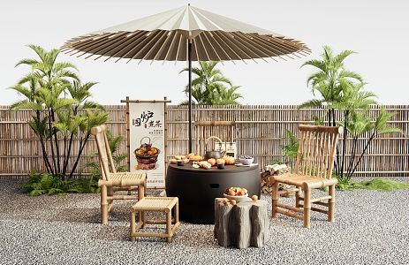 New Chinese Style Outdoor Table and Chair Bamboo Outdoor Chair Stove for Cooking Tea 3d model