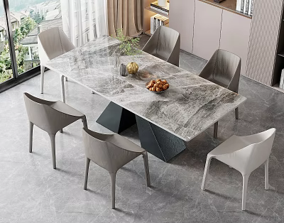 Modern Dining Table Set With Marble Top Six Grey White Chairs And Fruit Bowl Plant 3d model
