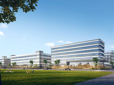 Modern Industrial Factory Buildings With Glass Curtain Walls Green Lawn And Trees 3d model