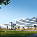 Modern Industrial Factory Buildings With Glass Curtain Walls Green Lawn And Trees