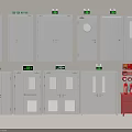 Collection Of White Doors And Red Fire Equipment With Fire Extinguishers And Cabinets