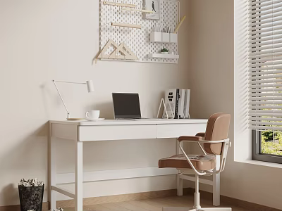 Modern Home Office Workspace With White Desk Laptop Desk Lamp Chair And Window Blinds 3d model