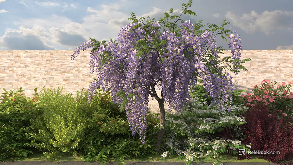 Wisteria Shrub with Purple Flowers Surrounded by Green Plants Against Brick Wall and Blue Sky 3d model 