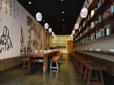Traditional Chinese Restaurant Interior With Wooden Tables Benches Hanging Lanterns Bookshelves And Wall Paintings 3d model