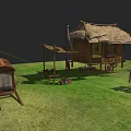 Thatched Cottage With Wooden Cart Bench And Tables On Green Grass