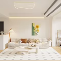 Bright Modern Living Room Interior With White Sofa Geometric Rug Potted Plants And Wall TV