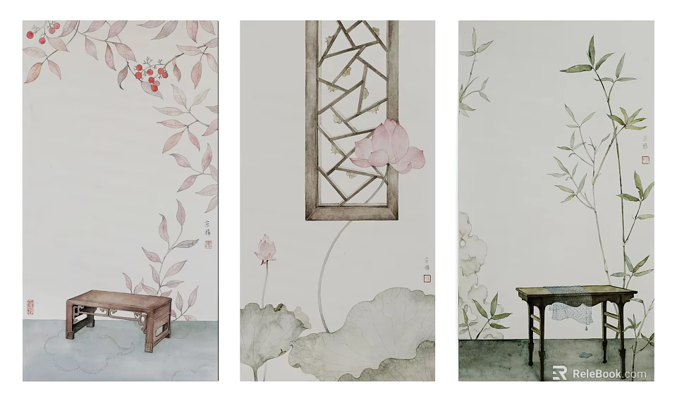 Watercolor Botanical Paintings With Lotus Bamboo Leaves Traditional Lattice And Wooden Furniture 3d model 