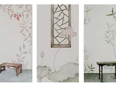 Watercolor Botanical Paintings With Lotus Bamboo Leaves Traditional Lattice And Wooden Furniture 3d model