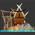 Cartoon Hut Scene With Green Roof Wooden Structure Water Rocks Plants And Decorative Elements