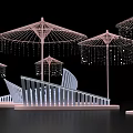 Decorative Pink Umbrella Like Structures With Dangling Ornaments And Modern Geometric Base 3d model