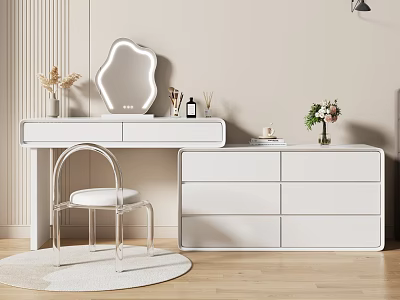 Elegant White Dressing Table Interior With Unique Mirror Transparent Chair And Flower Decor 3d model