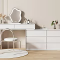 Elegant White Dressing Table Interior With Unique Mirror Transparent Chair And Flower Decor
